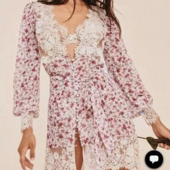 For Love and Lemons Victoria Secret Melrose Floral Lace Robe Sheer Pink Sz Large